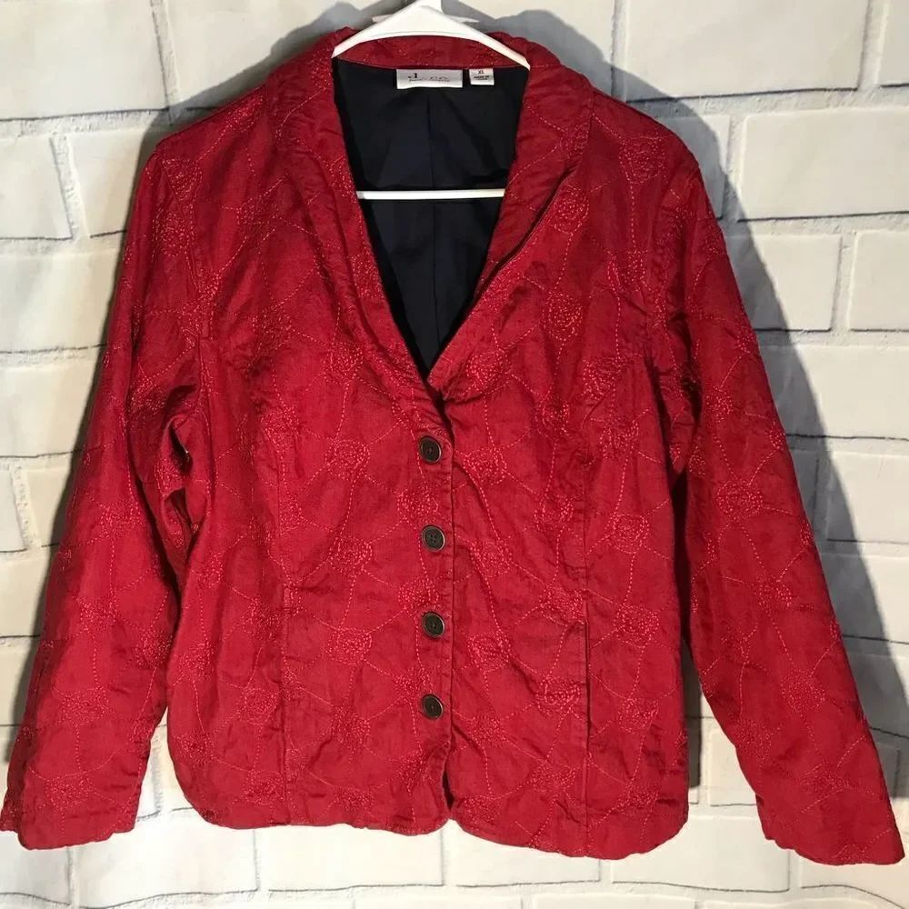 Denim & Co. Red Jacket Blazer Sz XL Red Stitched Design Button Front